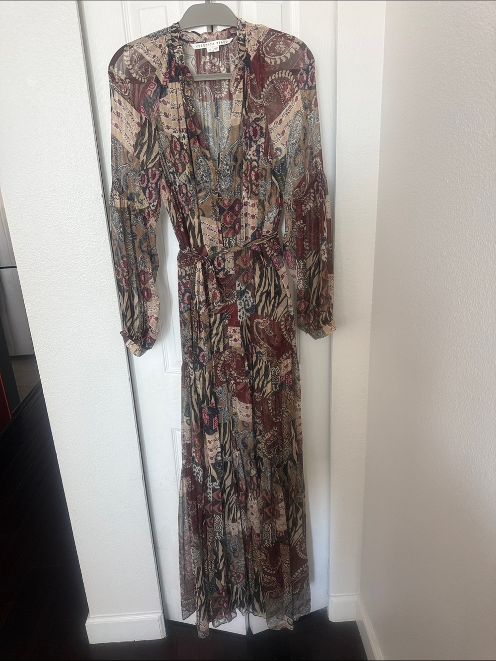 Veronica Beard Burgundy, Brown and Beige Patchwork Maxi Dress with Ruffle .